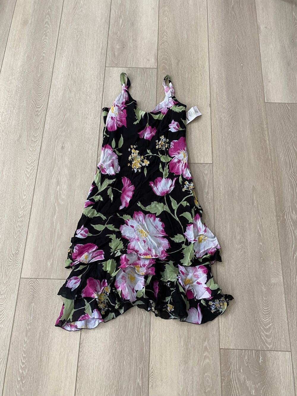 Y2K Ambre Paris Black Floral Ruffle Midi Dress Fits Medium